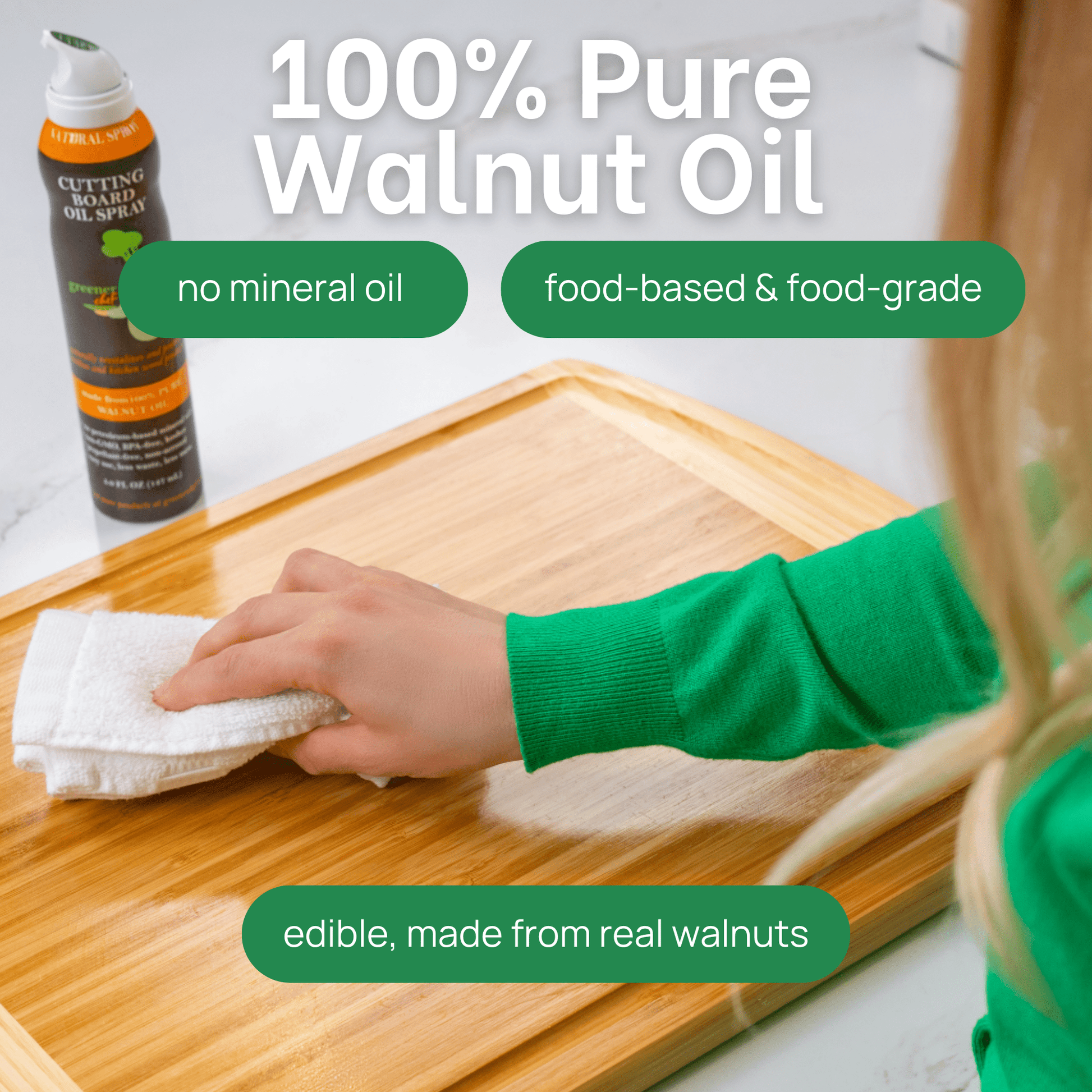 Walnut oil spray cleaning a cutting board