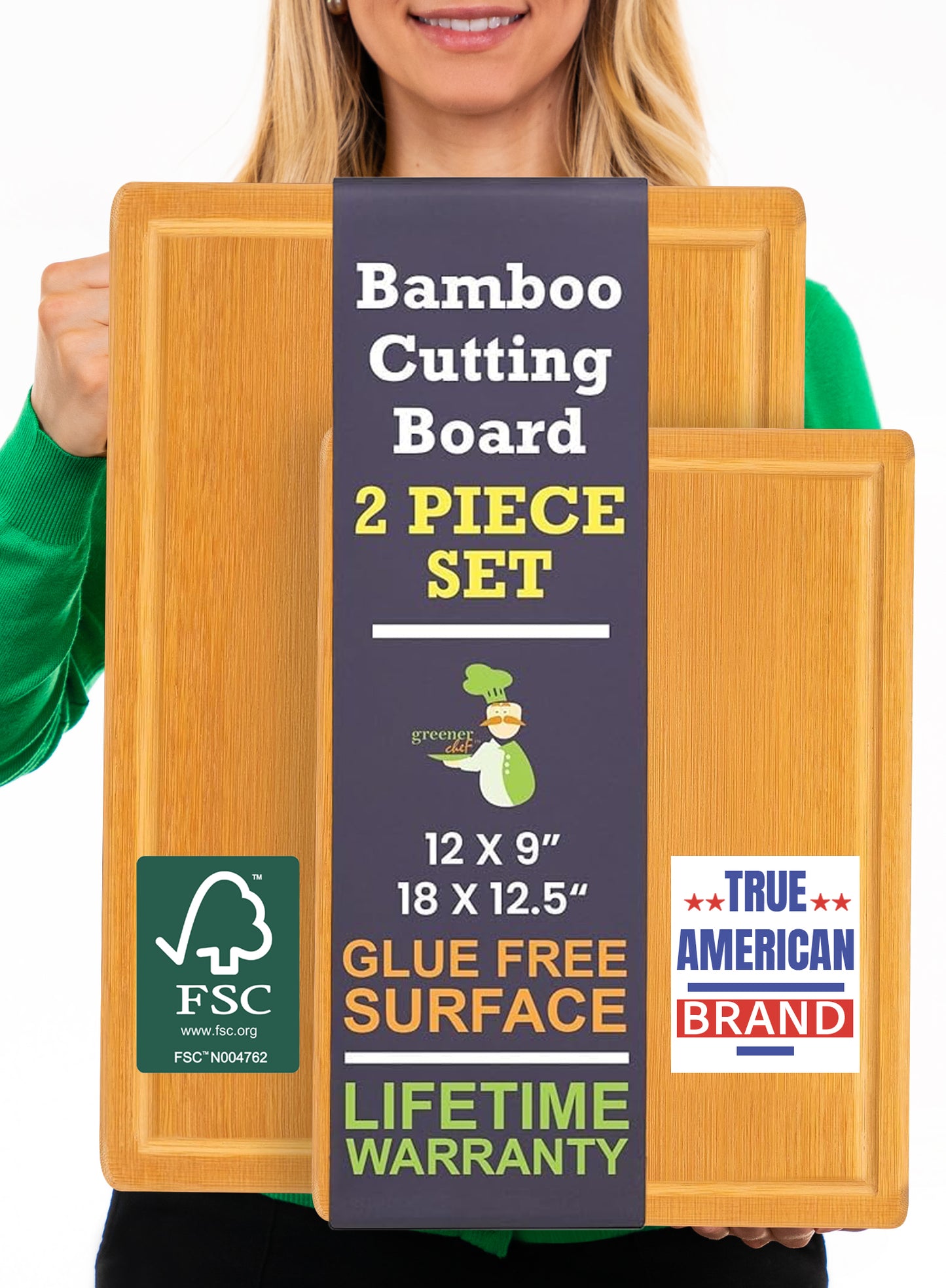 Greener Chef Bamboo Cutting Board - Glue-Free Surface - Rectangle
