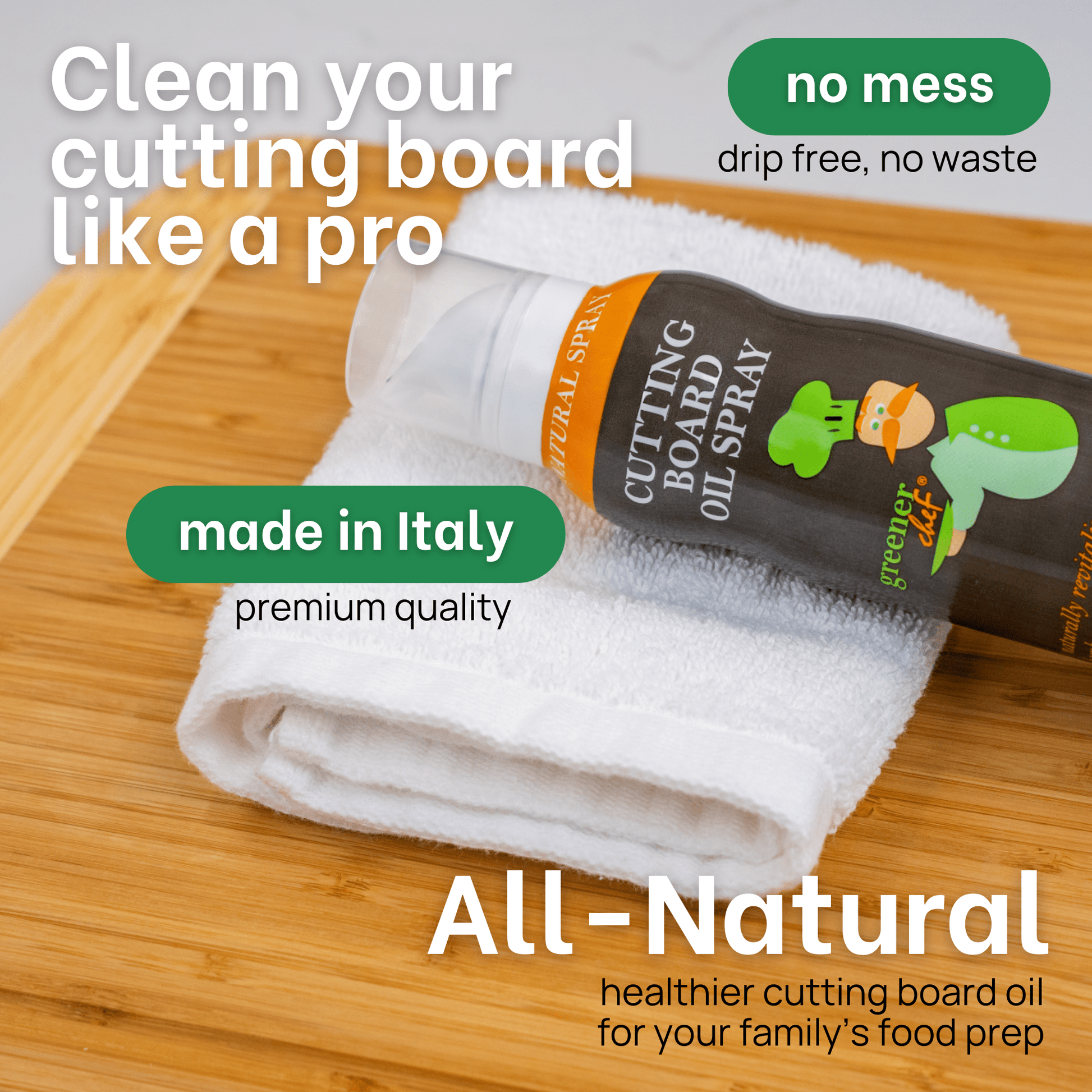 Greener Chef cutting board oil spray with towel, made in Italy.