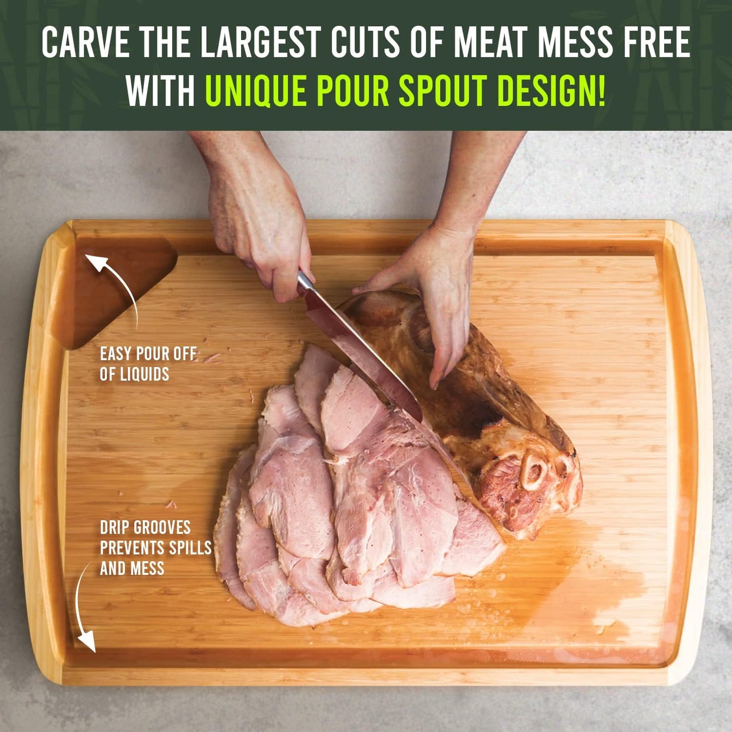 4xl3 carving board with meat, pour spout & drip grooves