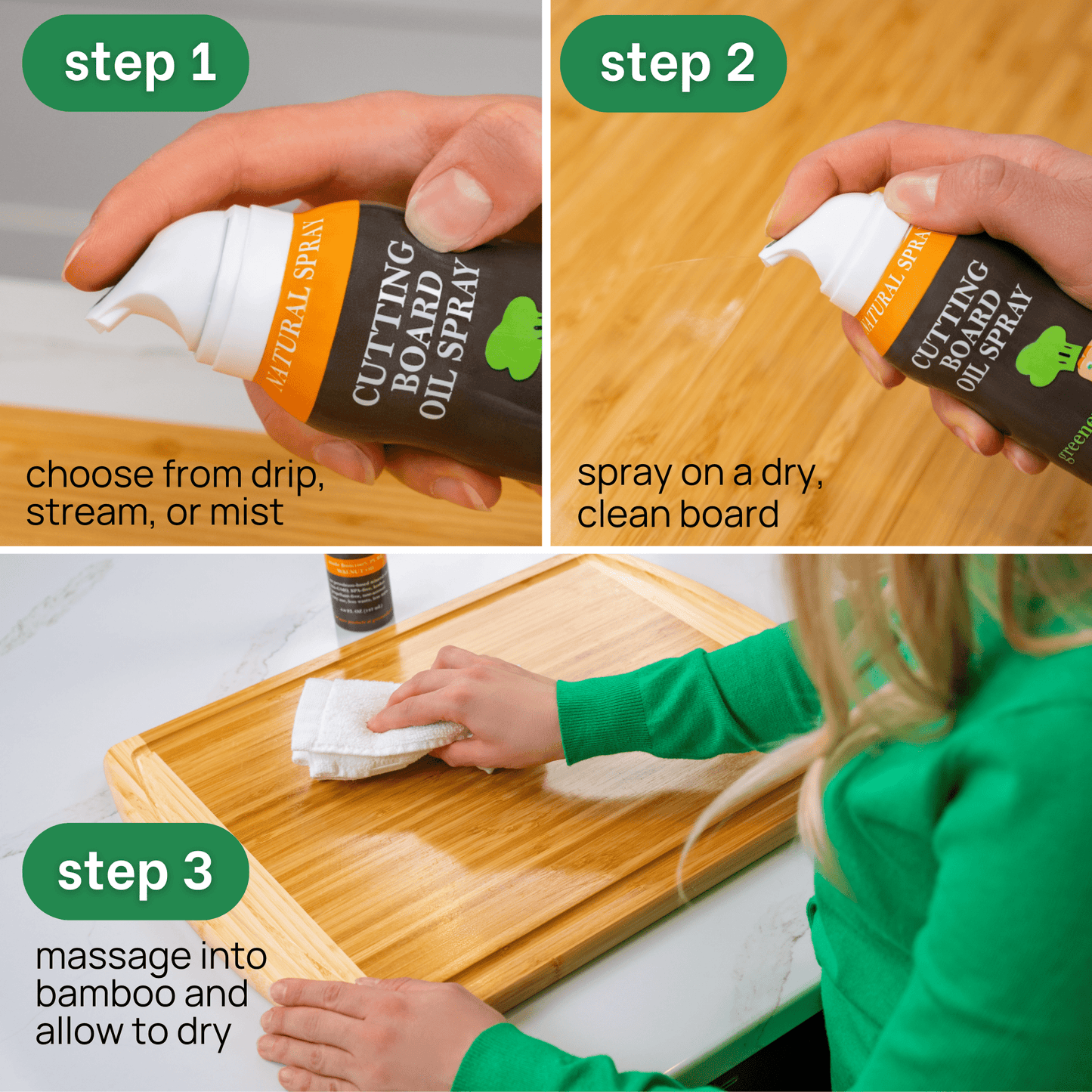 spray, massage, dry