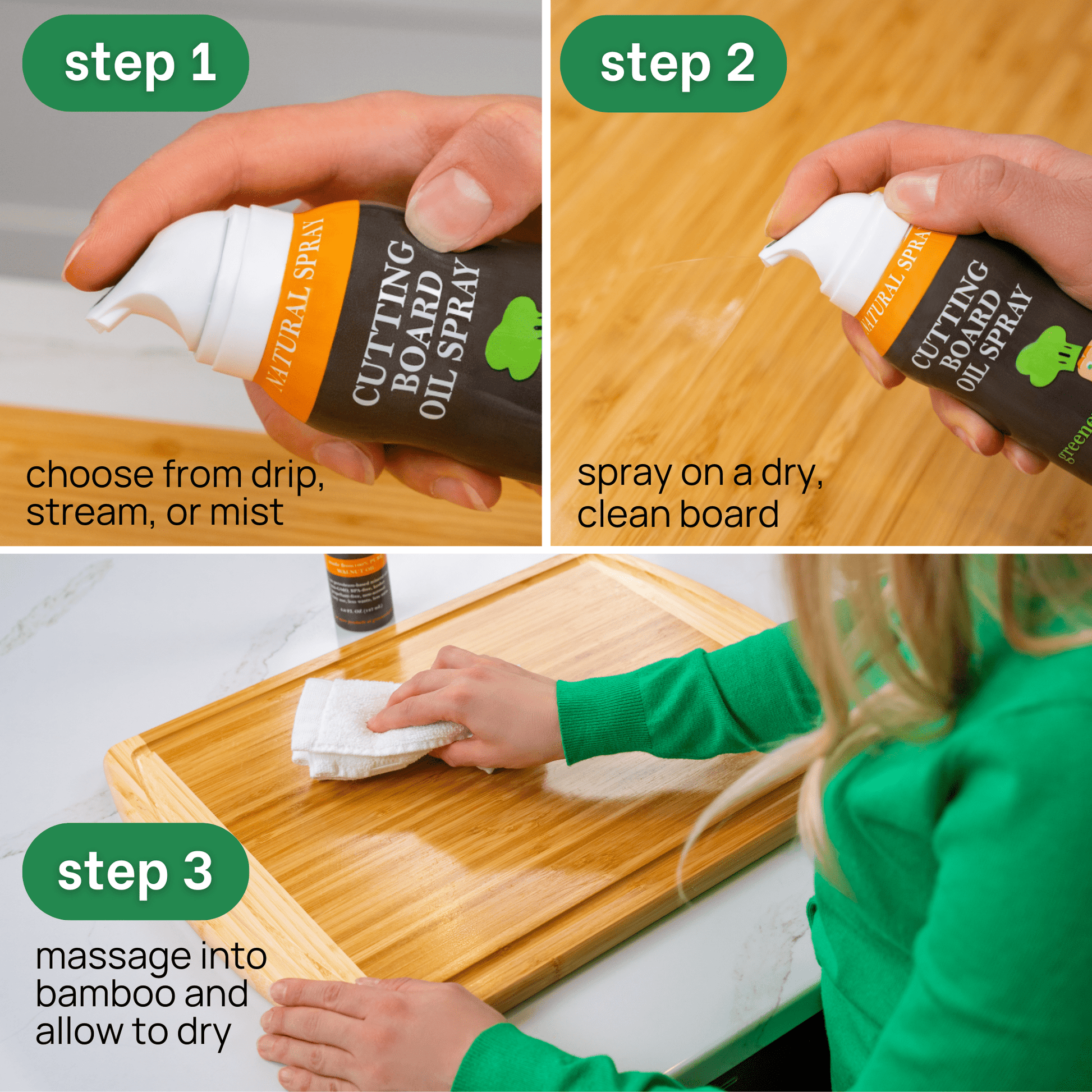 spray, massage, dry