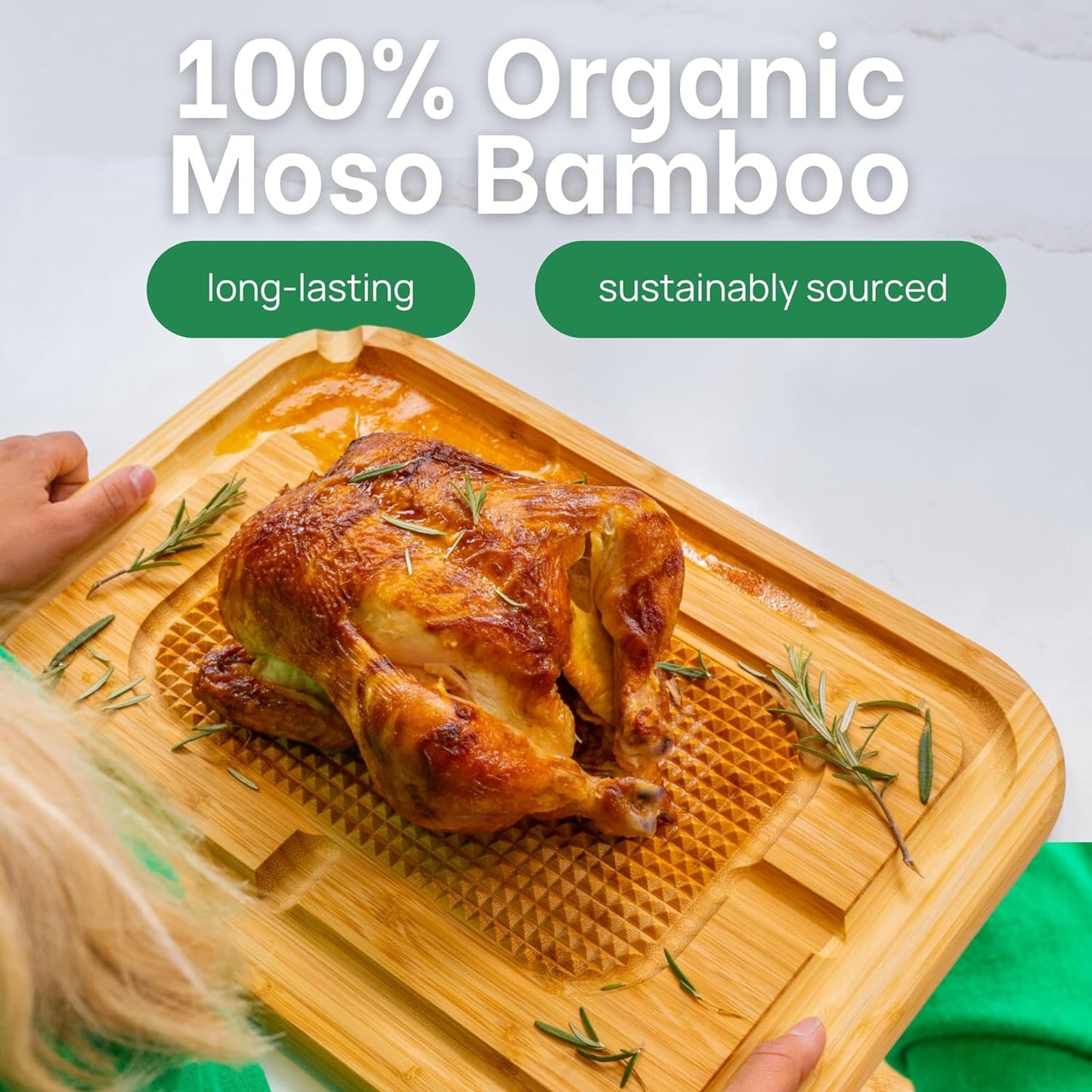 Roasted chicken on organic bamboo cutting board