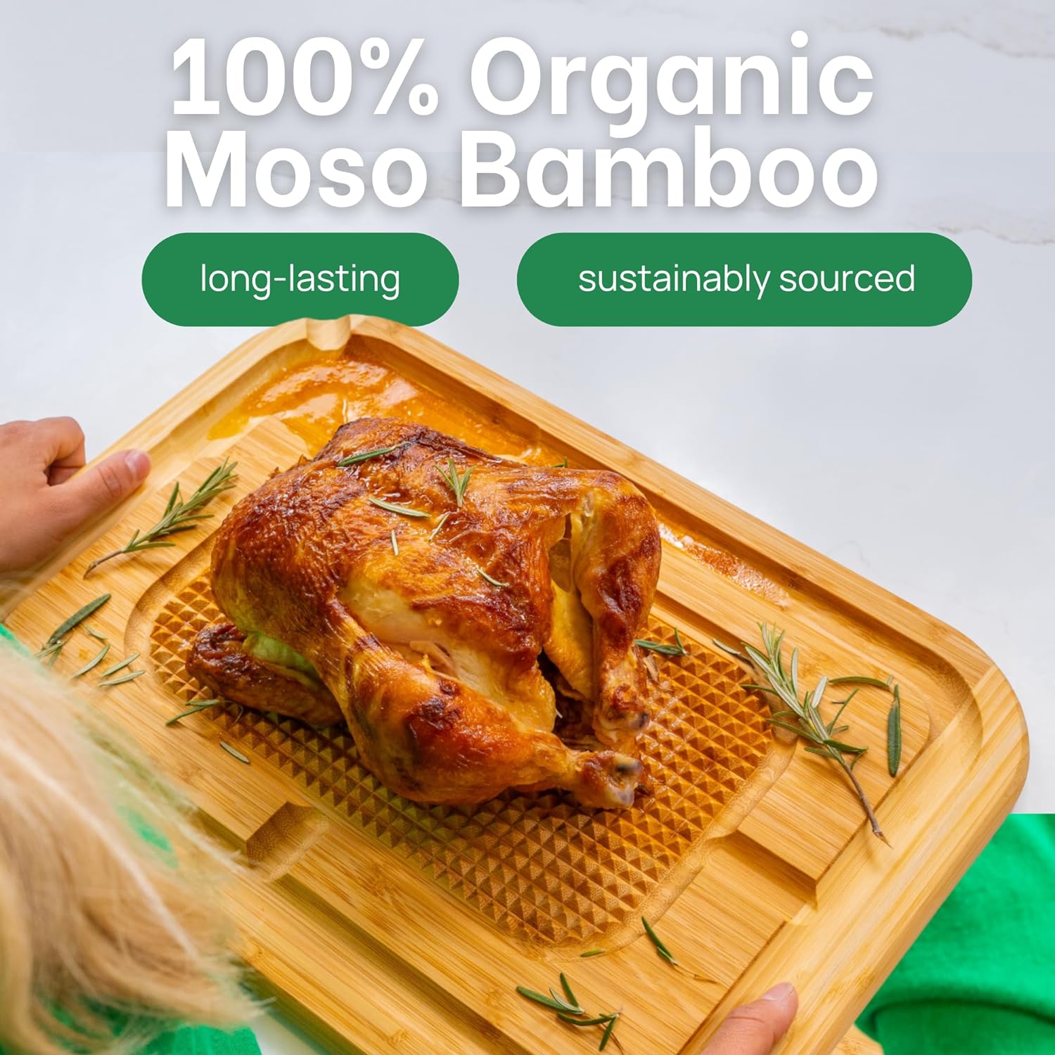 Roasted chicken on organic bamboo cutting board