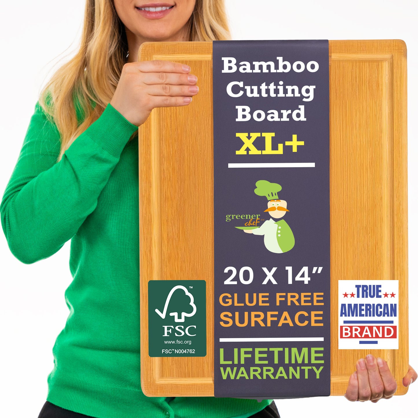 Greener Chef Bamboo Cutting Board - Glue-Free Surface - Rectangle