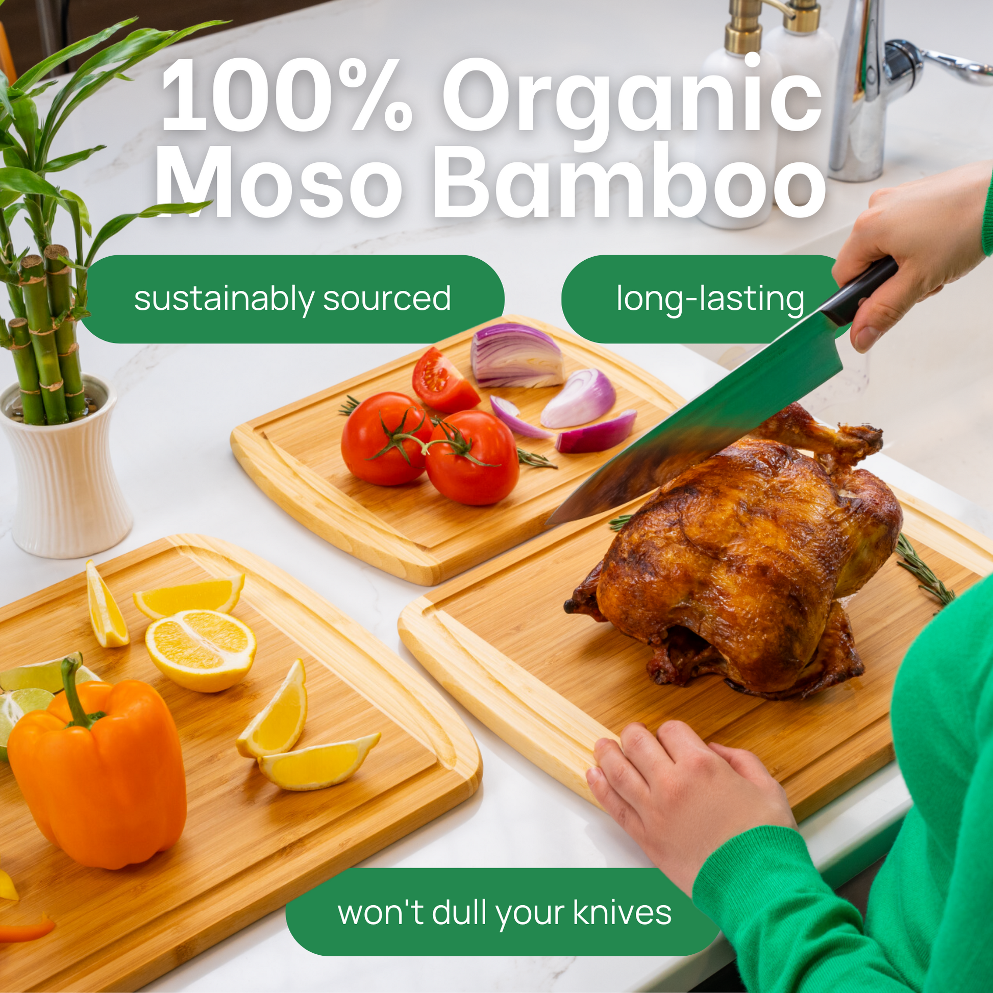 Organic Bamboo Cutting Board W/Containers Chopping Carving For Storage Prep