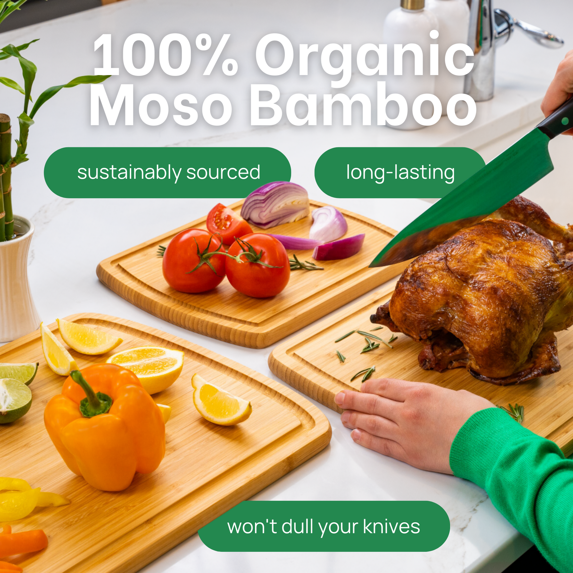 Organic Bamboo Cutting Boards for Kitchen Set of 3 - Eco-Friendly 100%  Natural Bamboo Wooden Chopping Board with Juice Groove for Food Prep, Meat
