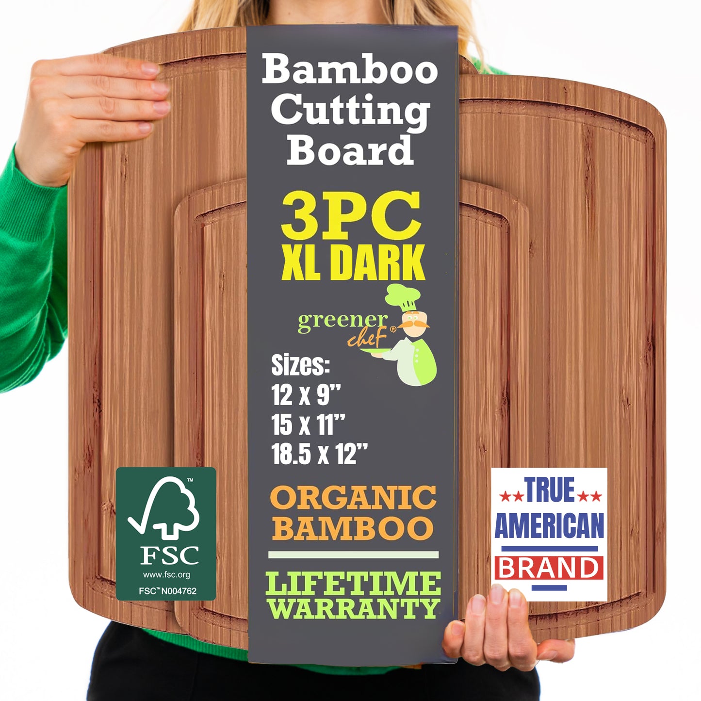 Greener Chef Bamboo Cutting Board Set of 3 - Carbonized Dark Brown