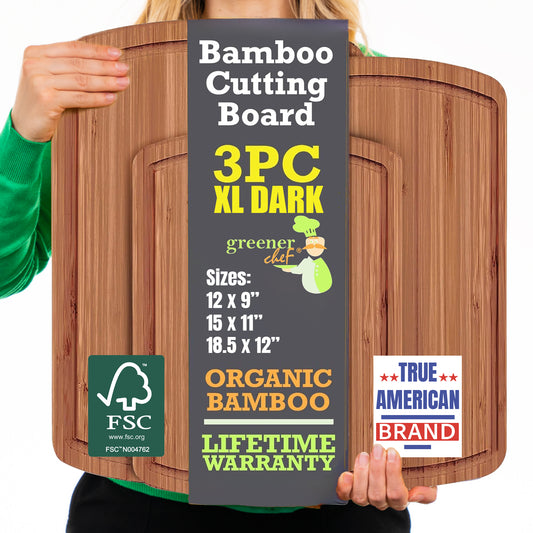 Greener Chef Bamboo Cutting Board Set of 3 - Carbonized Dark Brown