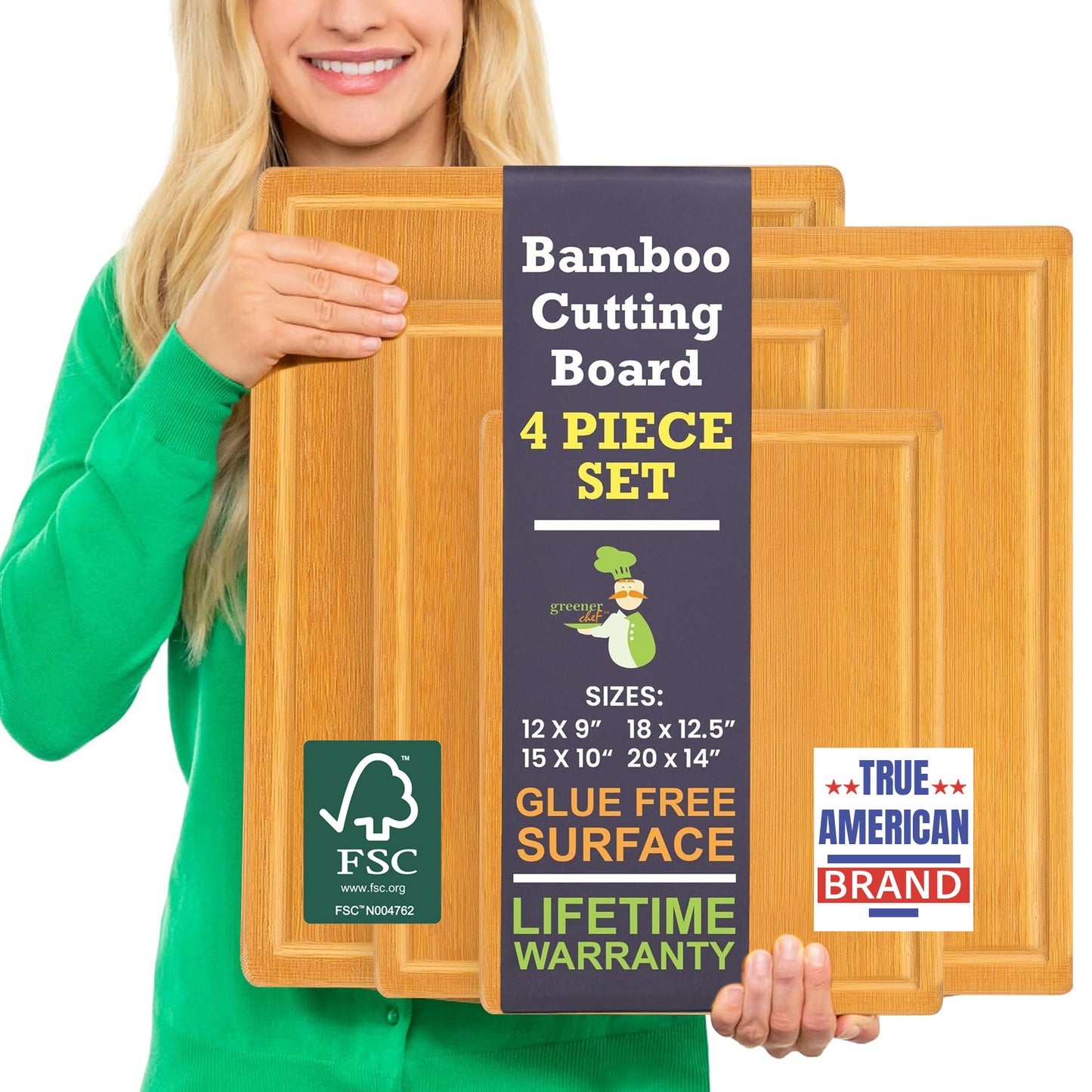 Greener Chef Bamboo Cutting Board - Glue-Free Surface - Rectangle