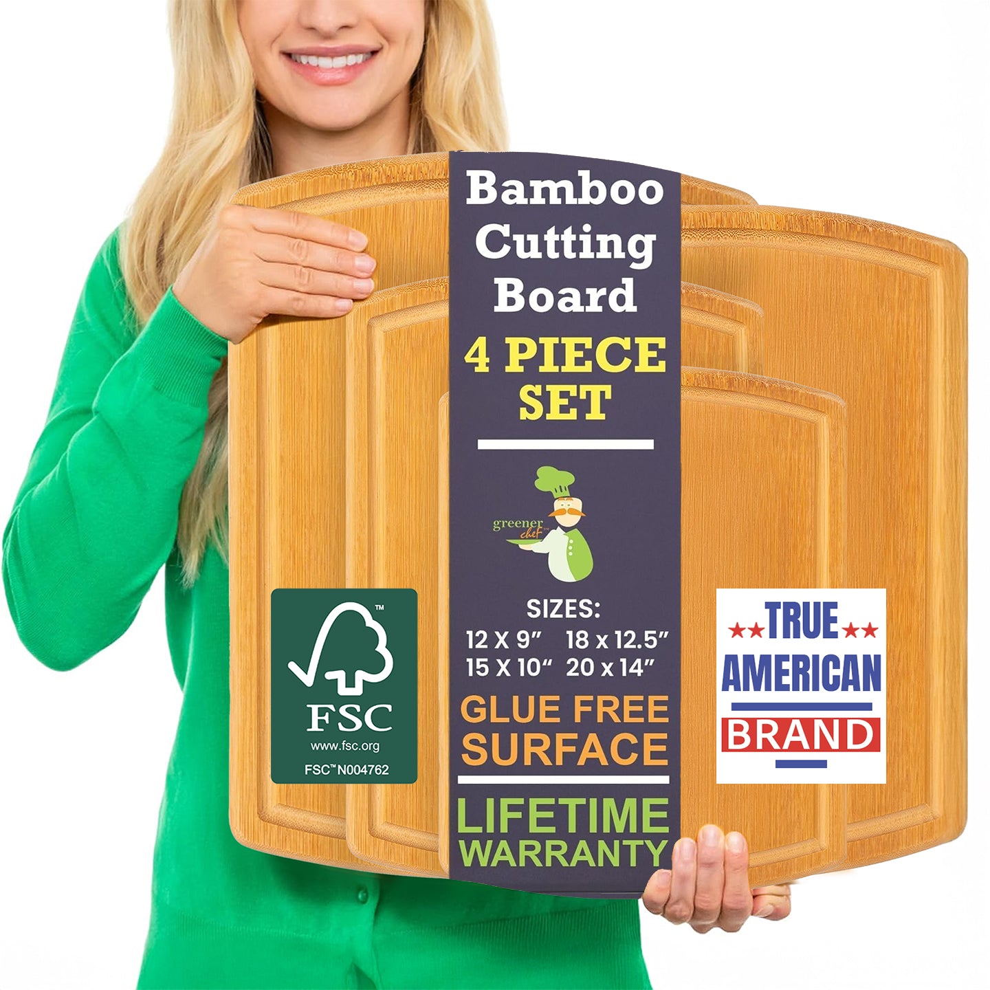 Greener Chef Bamboo Cutting Board - Glue-Free Surface 4 PC Set (S,M,XL,XL+)