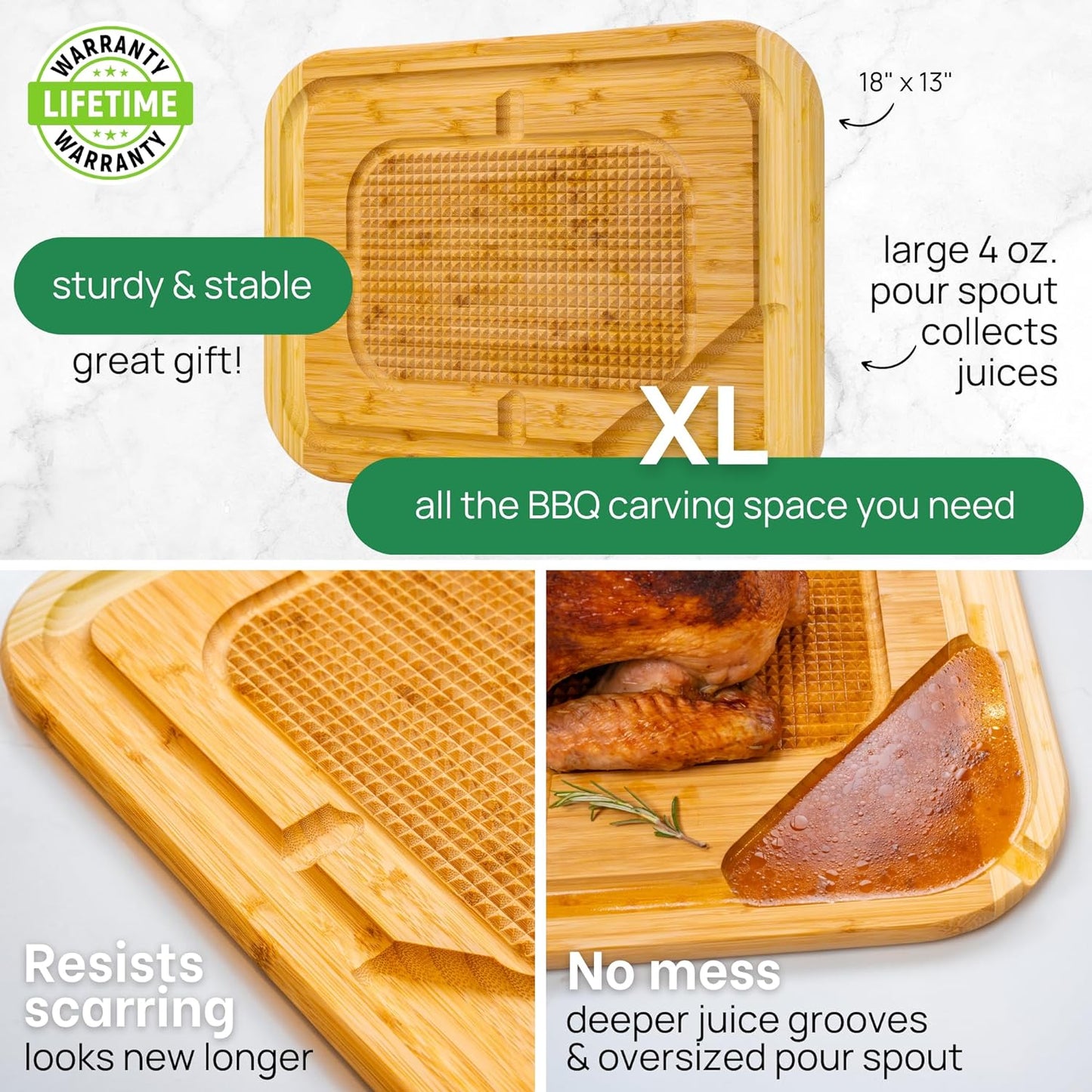 Extra Large Organic Bamboo Cutting Boards for Kitchen, XL Turkey Carving Board, Wooden Chopping Boards, Butcher Block Wood Cutting Board, Meat Cutting Board with Juice Grooves & Pour Spout, 18 x 13"