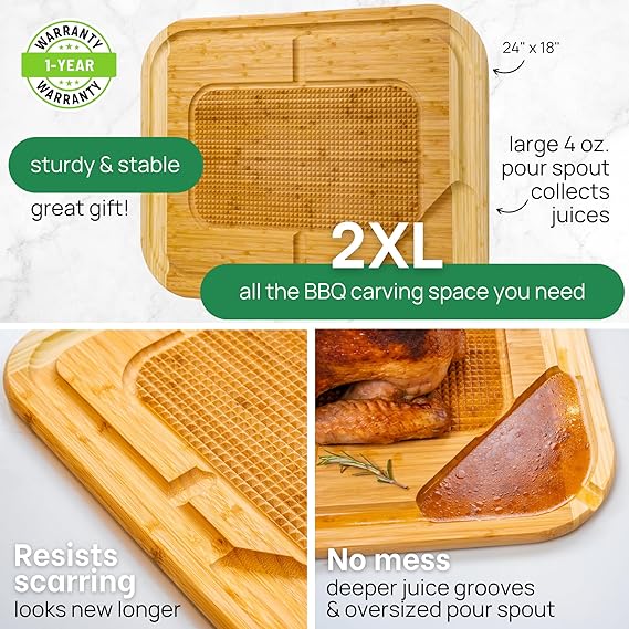 24 x 18 Inch XXL Meat Carving Board, 2XL Turkey Carving Board, Wooden Chopping Boards, Butcher Block Wood Meat Cutting Board with Juice Grooves & Pour Spout