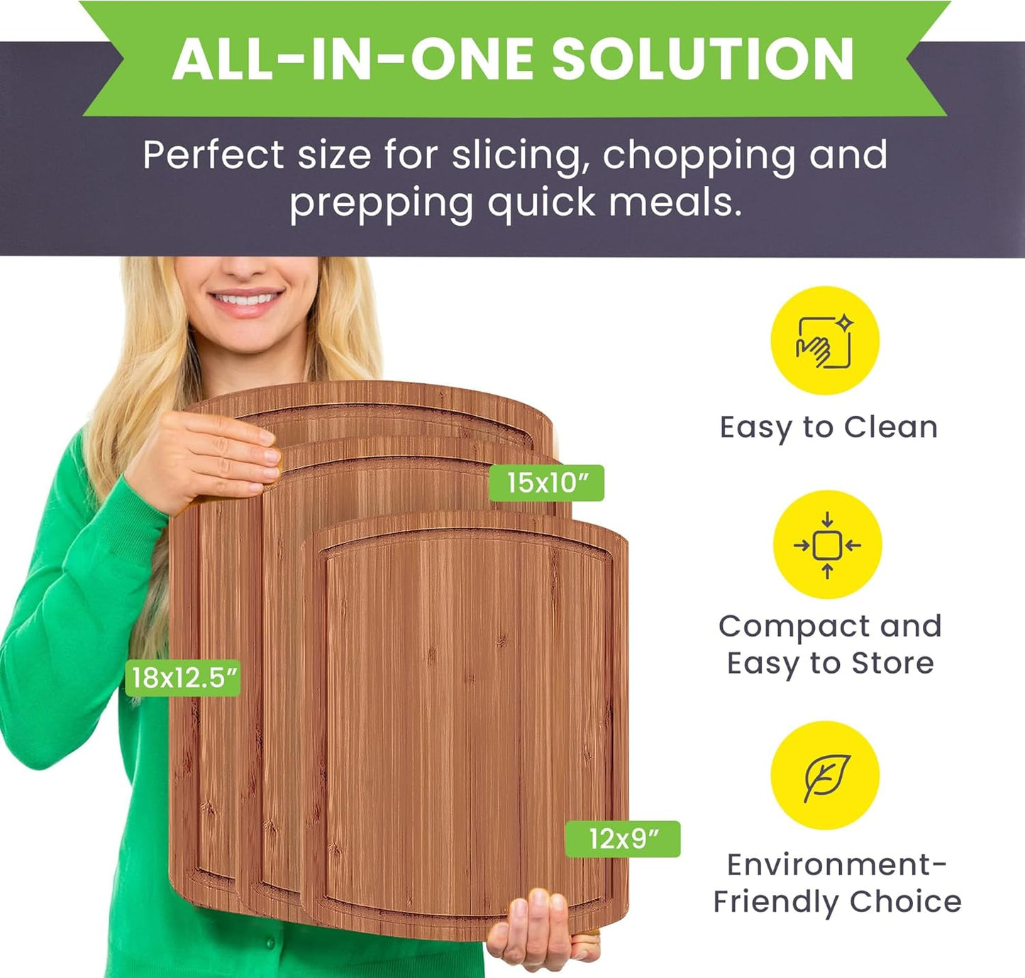 Greener Chef Bamboo Cutting Board Set of 3 - Carbonized Dark Brown