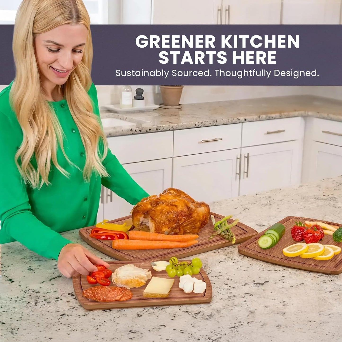 Greener Chef Bamboo Cutting Board Set of 3 - Carbonized Dark Brown