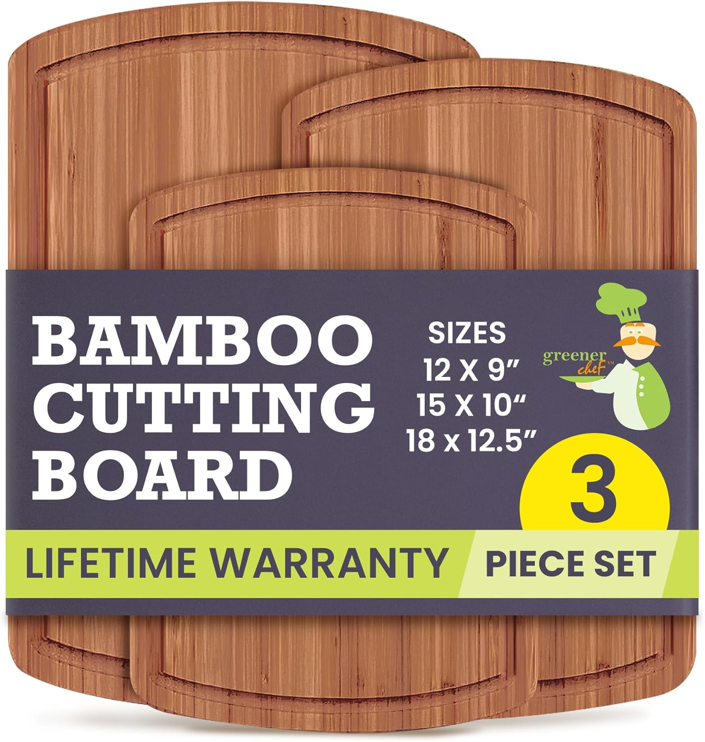 Greener Chef Bamboo Cutting Board Set of 3 - Carbonized Dark Brown