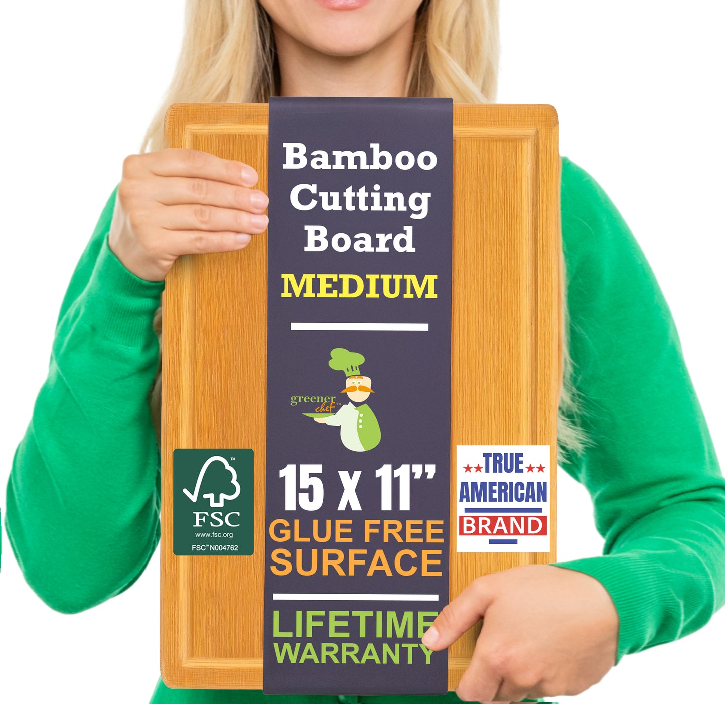Greener Chef Bamboo Cutting Board - Glue-Free Surface - Rectangle